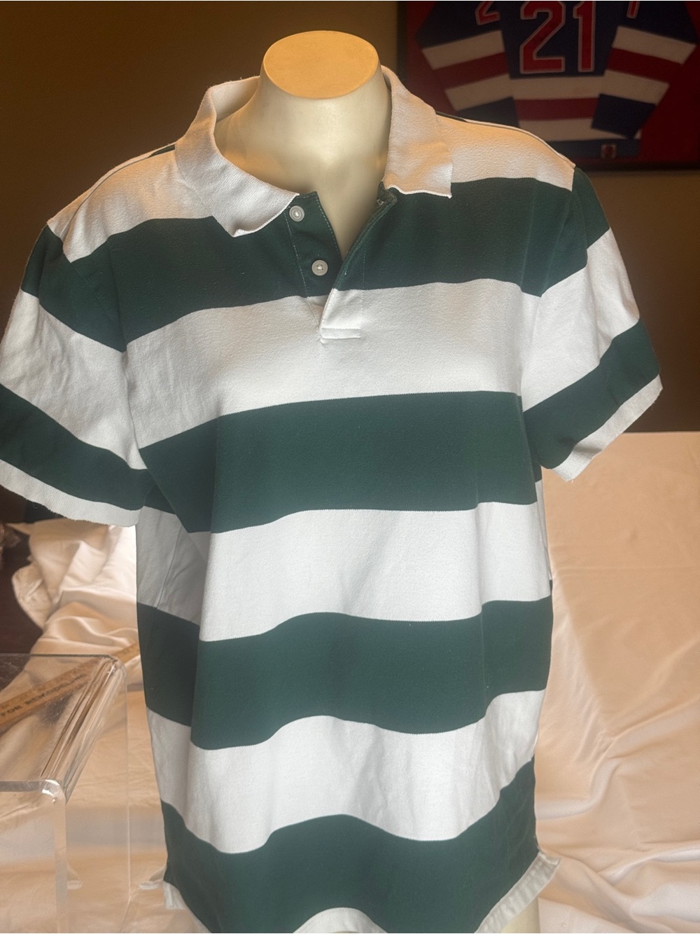 Green White Wide Stripe Rugby Polo Shirt Large Preppy Collegiate